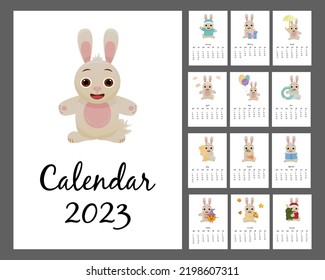 Vector calendar template for 2023 with a cute rabbit (bunnies). In the cartoon style. Calendar template with rabbits. A set of calendars for 12 months. The week starts on Monday.