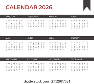 Plantilla del calendario de Vectores para 2026 con la semana que comienza el sábado y los fines de semana destacados. Este calendario de negocios con barras negras cubre todo el año 2026 para planificación, negocios y educación.