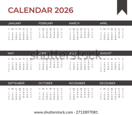 Vector calendar template for 2026 with the week starting on Saturday and weekends highlighted. This business calendar with black bars covers the entire 2026 year for planning, business, and education.
