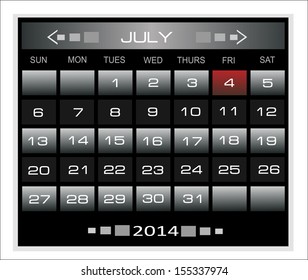 Vector calendar template for application. July 2014