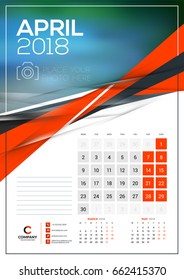 Vector calendar template for April 2018. Vector design print template with abstract triangle elements and place for photo. Week starts on Monday