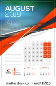 Vector calendar template for August 2018. Vector design print template with abstract triangle elements and place for photo. Week starts on Monday