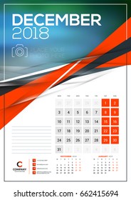 Vector calendar template for December 2018. Vector design print template with abstract triangle elements and place for photo. Week starts on Monday