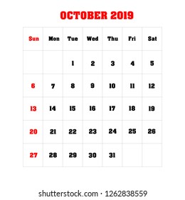 Vector calendar template design 2019 October. Vector illustration