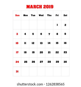 Vector calendar template design 2019 March. Vector illustration