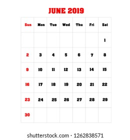 Vector calendar template design 2019 JUNE. Vector illustration