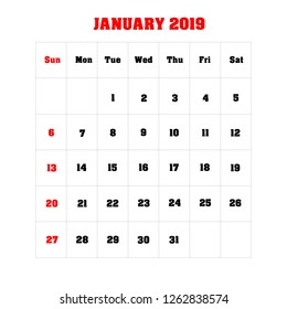 Vector calendar template design 2019 JANUARY. Vector illustration