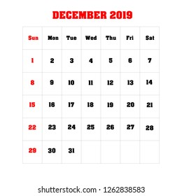 Vector calendar template design 2019 December. Vector illustration