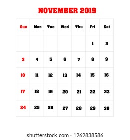 Vector calendar template design 2019 November. Vector illustration