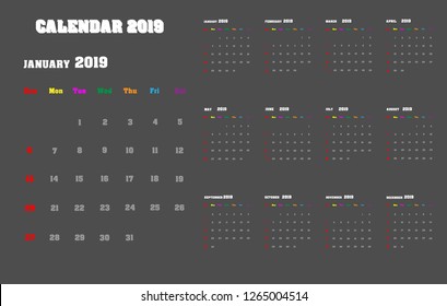 Vector calendar template design 2019 .Vector illustration