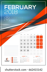 Vector calendar template for February 2018. Vector design print template with abstract triangle elements and place for photo. Week starts on Monday