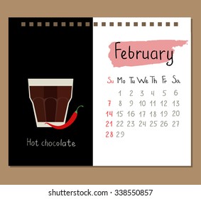 Vector calendar template for February with hot chocolate and chili pepper.