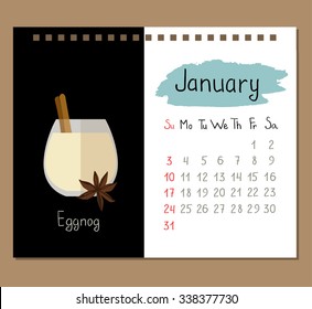 Vector calendar template for January with eggnog and spices.