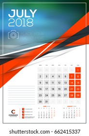 Vector calendar template for July 2018. Vector design print template with abstract triangle elements and place for photo. Week starts on Monday
