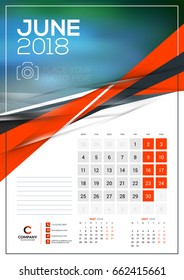 Vector calendar template for June 2018. Vector design print template with abstract triangle elements and place for photo. Week starts on Monday
