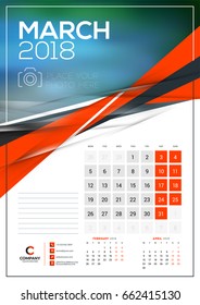 Vector calendar template for March 2018. Vector design print template with abstract triangle elements and place for photo. Week starts on Monday