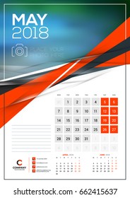 Vector calendar template for May 2018. Vector design print template with abstract triangle elements and place for photo. Week starts on Monday