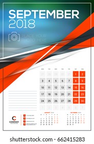 Vector calendar template for September 2018. Vector design print template with abstract triangle elements and place for photo. Week starts on Monday