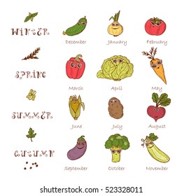 Vector Calendar template. Times of year. Four seasons and months, the template for creating a calendar with Hand Drawn Doodle Funny Stylish Fashion Vegetables with sunglasses.