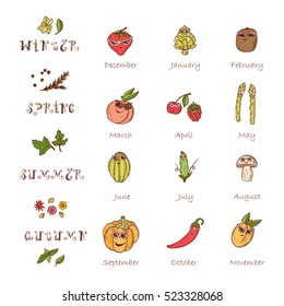 Vector Calendar template. Times of year. Four seasons and months, the template for creating a calendar with Hand Drawn Doodle Funny Stylish Fashion Vegetables, Berries and Fruits with sunglasses.