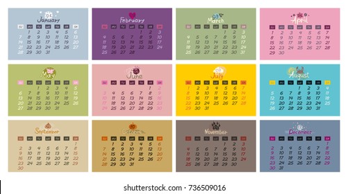 Vector calendar template for year 2018, set of 12 months, week starts on Sunday, printable calendar templates