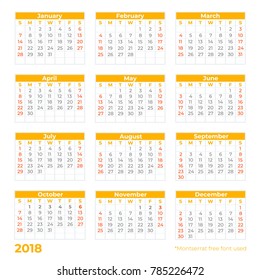 Vector calendar template for year 2018, English language. Ready for print. Week starts from Monday.