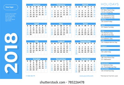 Vector calendar template for year 2018, English language. Ready for print. Week starts from Monday. With holiday`s list