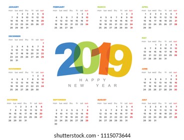 Vector calendar template for the year 2019 