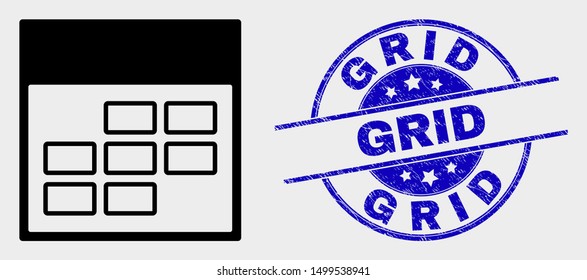 Vector calendar week items pictogram and Grid watermark. Red round scratched watermark with Grid text. Vector combination in flat style. Black isolated calendar week items pictogram.
