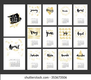 Vector calendar for the year 2016 with hand drawn gold elements: brush strokes, flowers, leaves, seashells and others. 