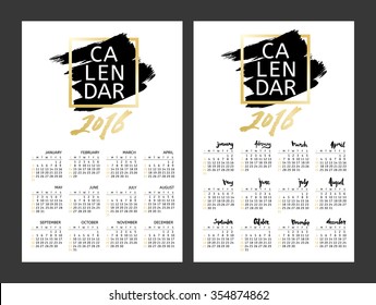 Vector calendar for the year 2016 with lettering elements