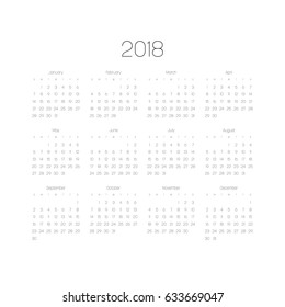 Vector calendar - Year 2018. Week starts from Sunday. Simple flat vector illustration with black numbers and letters on white background.