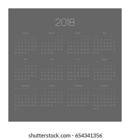 Vector calendar - Year 2018. Week starts from Sunday. Simple flat vector illustration with white numbers and letters on dark grey background.