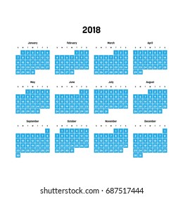 Vector calendar - Year 2018. Week starts from Sunday. Simple flat vector illustration with white numbers and letters on white blue background.