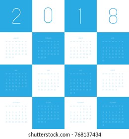 Vector calendar - Year 2018. Week starts from Sunday. Simple flat vector illustration in blue and white.