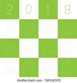 Vector calendar - Year 2018. Week starts from Sunday. Simple flat vector illustration in green and white.
