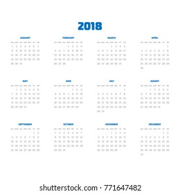 Vector calendar - Year 2018. Week starts from Sunday. Simple flat vector illustration with blue headers.