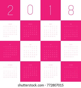 Vector calendar - Year 2018. Week starts from Sunday. Simple flat vector illustration in pink and white.