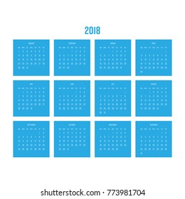 Vector calendar - Year 2018. Week starts from Sunday. Simple flat vector illustration in blue and white.