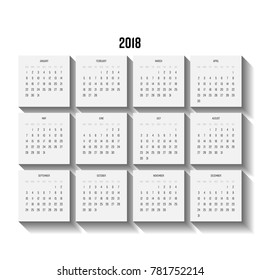 Vector calendar - Year 2018. Week starts from Sunday. Vector illustration with long shadow effect.