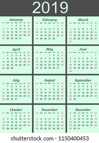 Vector calendar for year 2019 in blue background.