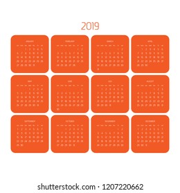 Vector calendar - Year 2019. Week starts from Sunday. Simple flat vector illustration.