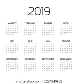 Vector calendar - Year 2019. Week starts from Sunday. Simple flat vector illustration.