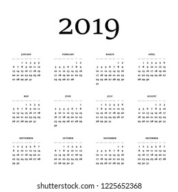 Vector calendar - Year 2019. Week starts from Sunday. Simple flat vector illustration.