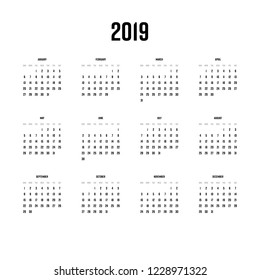 Vector calendar - Year 2019. Week starts from Sunday. Simple flat vector illustration.