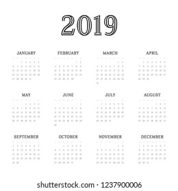 Vector calendar - Year 2019. Week starts from Sunday. Simple flat vector illustration.