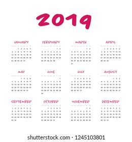 Vector calendar - Year 2019. Week starts from Sunday. Simple flat vector illustration.