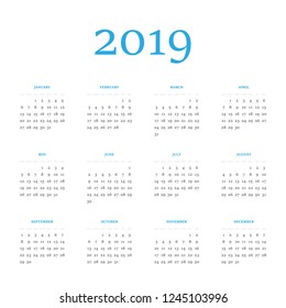 Vector calendar - Year 2019. Week starts from Sunday. Simple flat vector illustration.