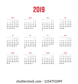 Vector calendar - Year 2019. Week starts from Sunday. Simple flat vector illustration.