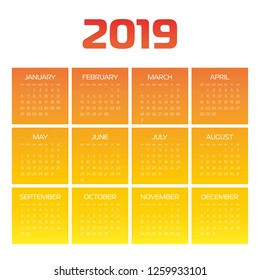 Vector calendar - Year 2019. Week starts from Sunday. Simple flat vector illustration.